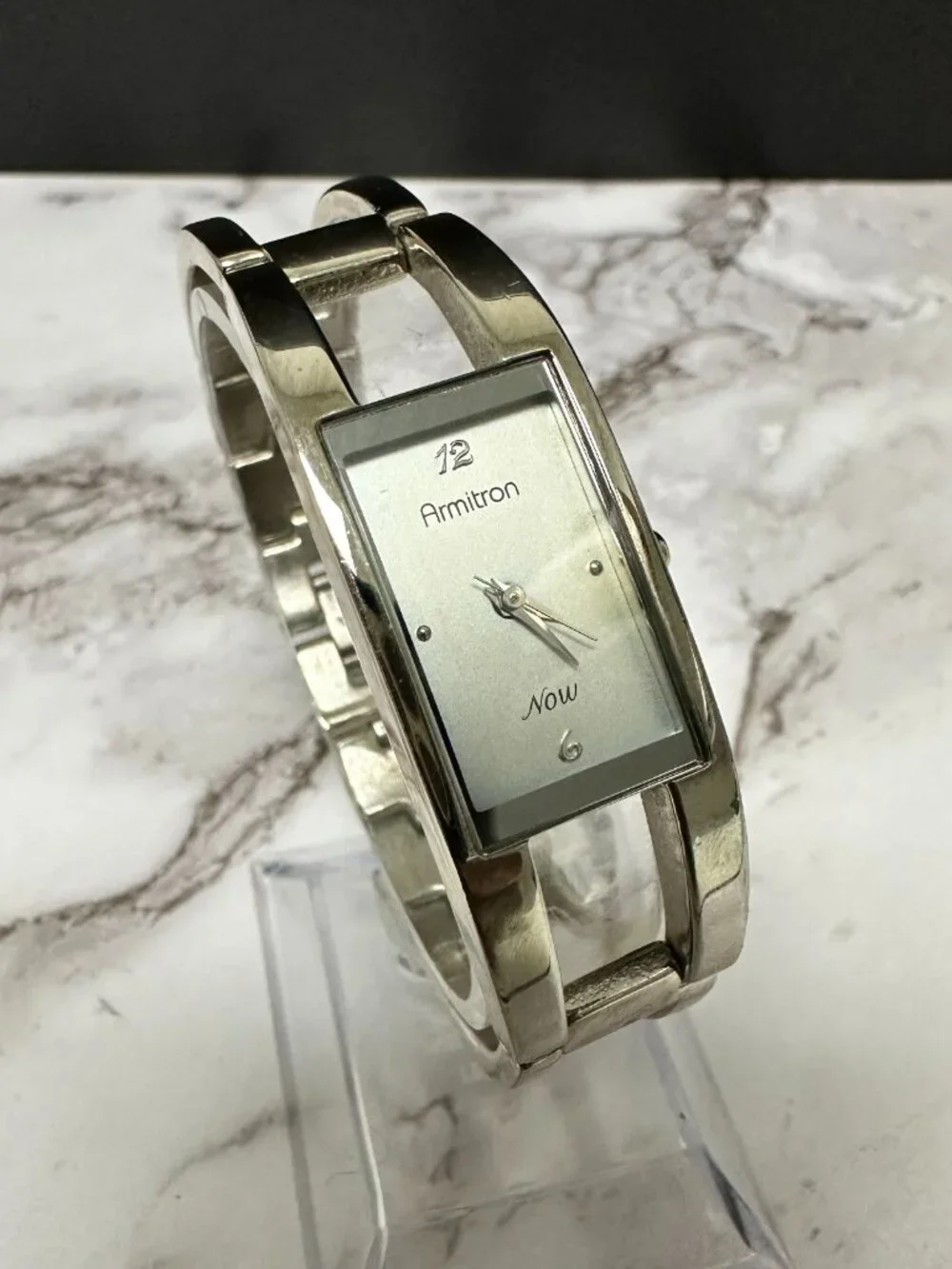 Armitron Watch Women Silver Tone Rectangle Case Bangle Band New Battery 7 Inch